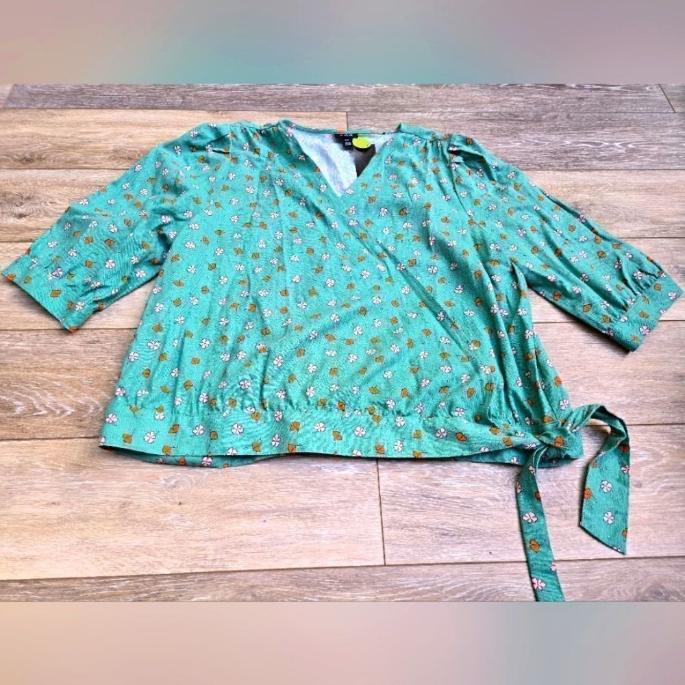 NEW A.n.a green floral wrap shirt with tie at waist linen blend flattering xxl